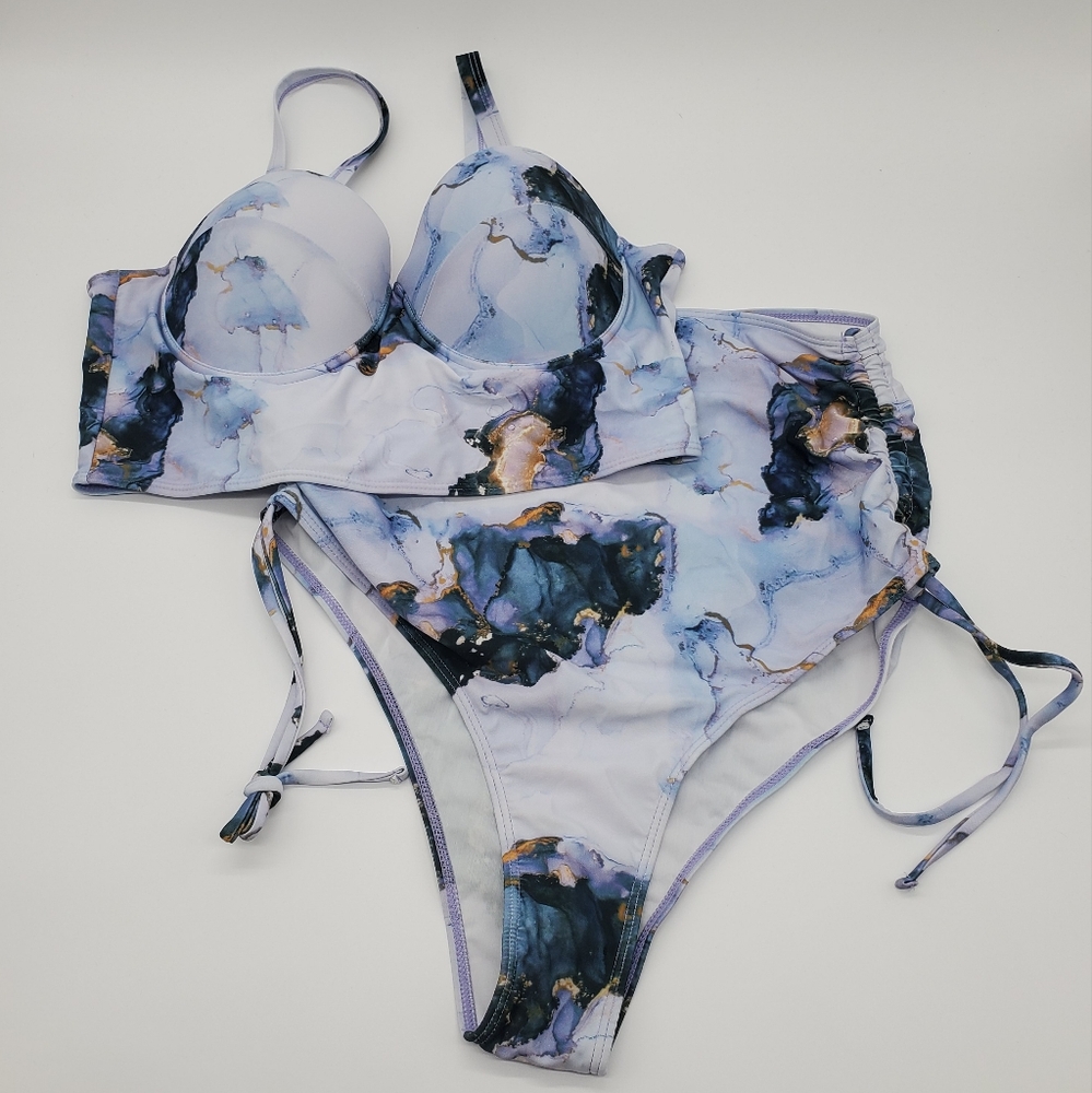 ♡♡ Marble Print Ruched Push Up Bikini Swim Suit Size XL